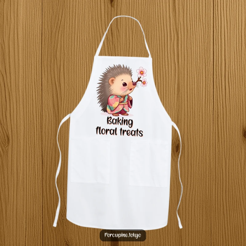Funny Apron: A porcupine in a colorful kimono looking curiously at a cherry blossom, perfect for funny kitchen tasks.
