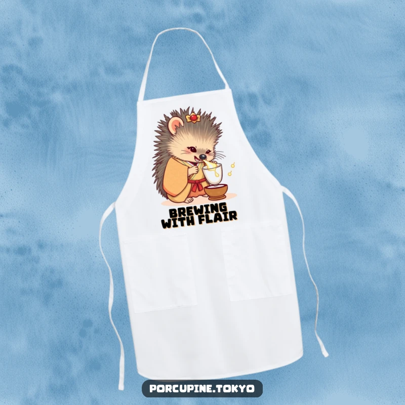 Funny apron illustrated with a porcupine wearing a detailed kimono, playfully tipping a small sake cup while cooking.