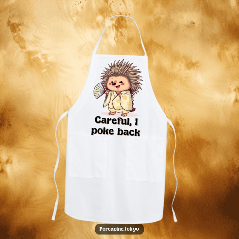 Funny porcupine character dressed in a kimono, playfully shaking a fan while cooking, a humorous kitchen apron.