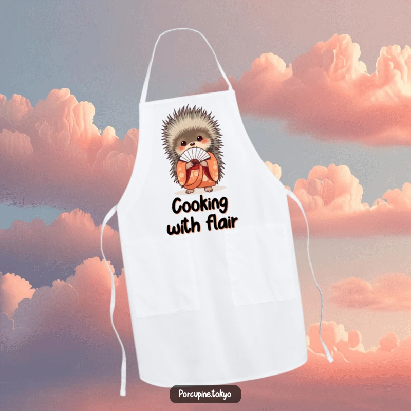 Funny Apron: An elegant porcupine in a beautiful kimono holding a closed fan, perfect for funny culinary creations.