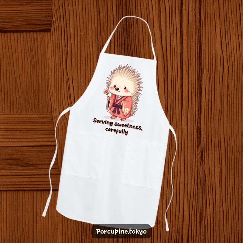 Funny porcupine in a kimono offering a flower while cooking, a sweet and humorous kitchen apron.