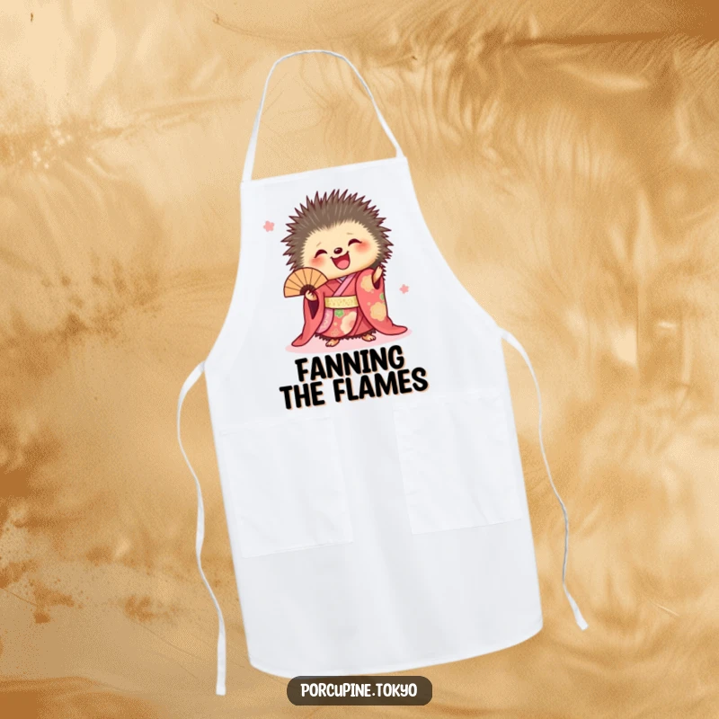 Funny apron with a porcupine in a vibrant kimono joyfully holding a fan, adding humor to kitchen tasks.
