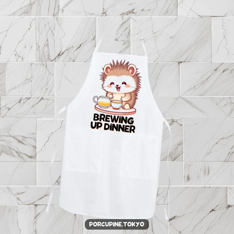 Funny apron with a porcupine looking delighted while attempting a tea ceremony, a humorous kitchen gift.