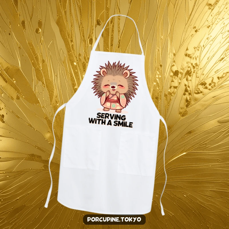 Funny Apron: A porcupine in a patterned kimono, bowing politely with a smile, perfect for funny kitchen adventures.