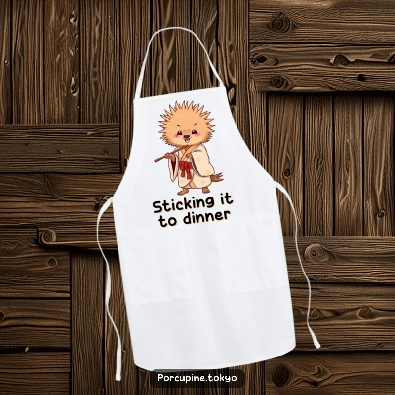 Funny Apron: A porcupine in a flowing kimono striking a playful pose with chopsticks, perfect for funny meal preparation.