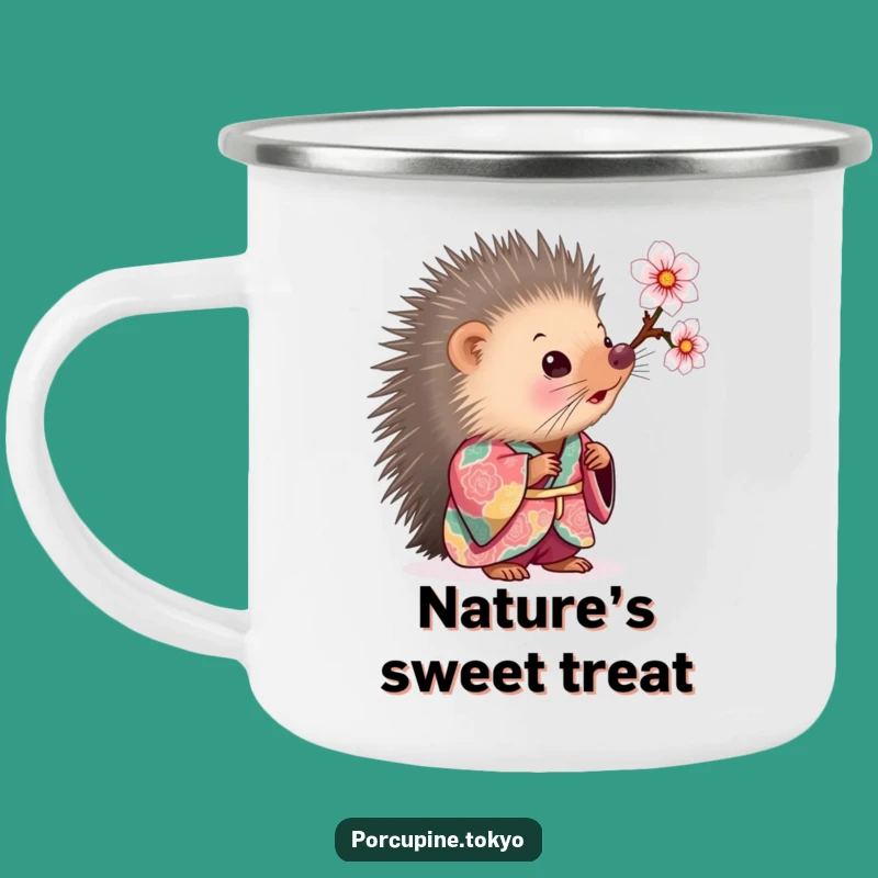 Funny Curious Porcupine Kimono Camping Mug - Cherry Blossom Outdoor