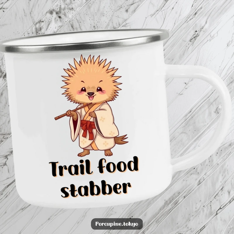 Funny Camping Mug: A porcupine in a flowing kimono striking a playful pose with chopsticks, for your funny outdoor dining.