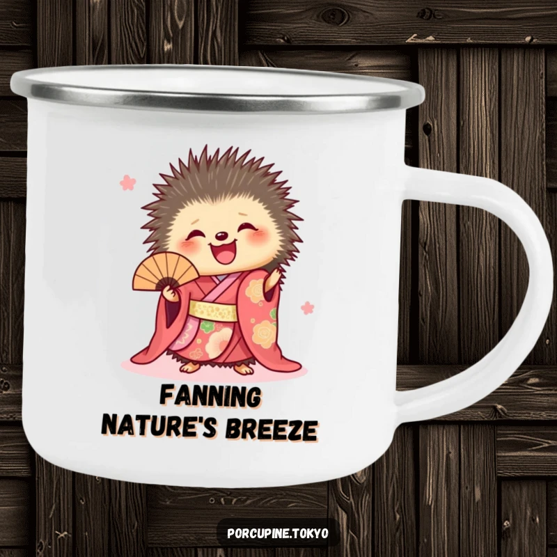 Funny camping mug showcasing a porcupine in a vibrant kimono joyfully holding a fan, perfect for outdoor cheer.