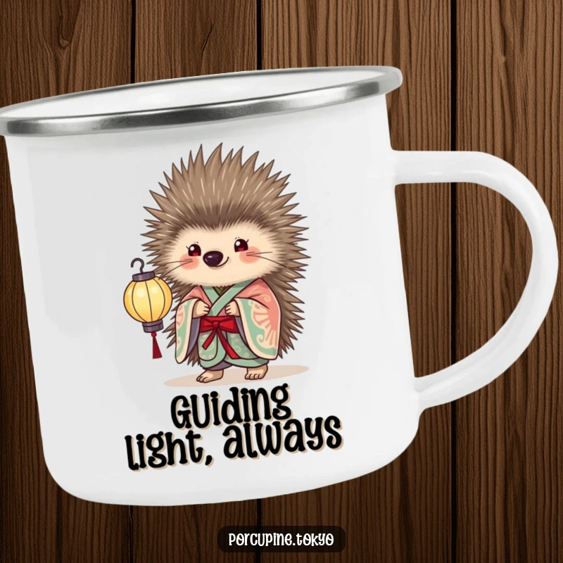 Funny Camping Mug with a porcupine in an elegant kimono holding a delicate paper lantern, ideal for humorous outdoor enjoyment.