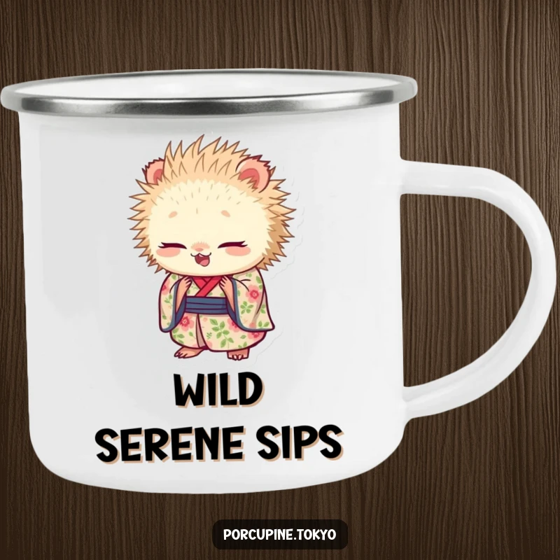 Funny camping mug with a porcupine in a floral kimono bowing, perfect for enjoying drinks outdoors with humorous style.
