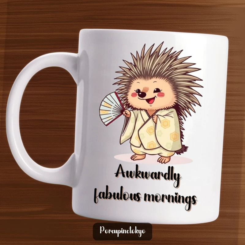 Funny porcupine in a patterned kimono playfully shaking a fan, a humorous and charming illustration for a mug.