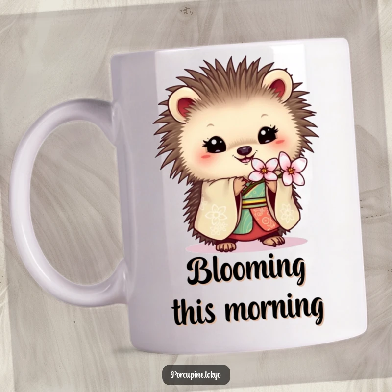 Funny mug with a porcupine in an ornate kimono delicately holding a blossom, embodying peaceful and humorous charm.