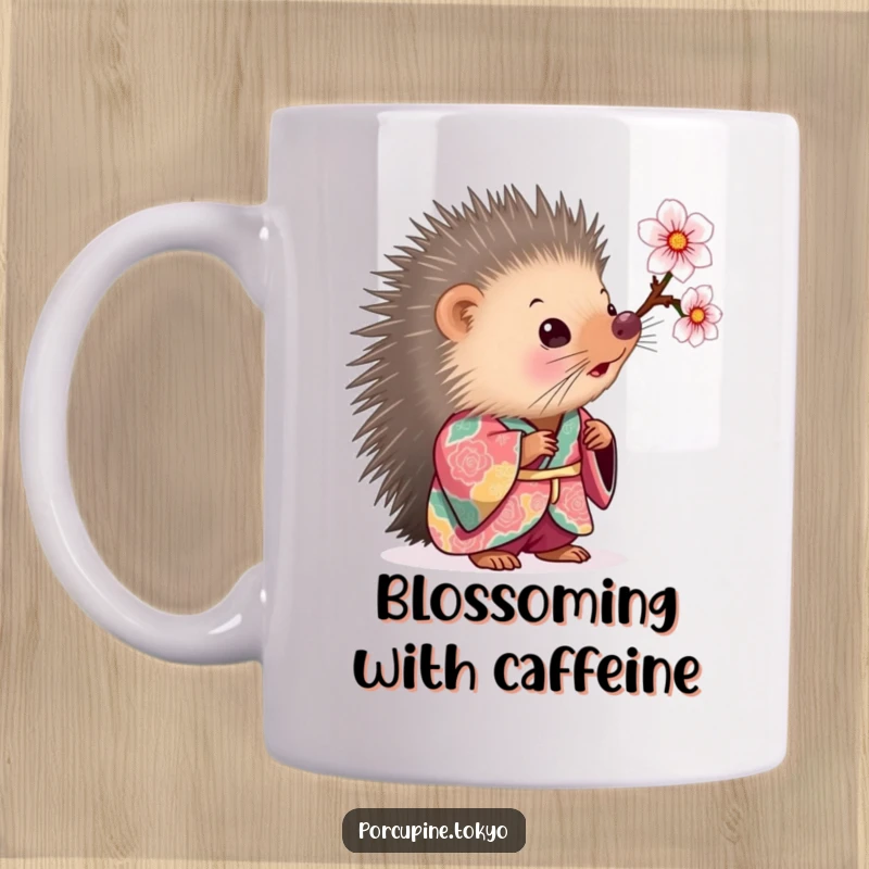Funny Mug: A porcupine in a colorful kimono looking curiously at a cherry blossom, symbolizing funny wonder and beauty.