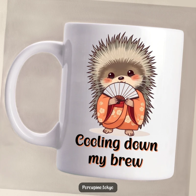 Funny Mug: An elegant porcupine in a beautiful kimono delicately holding a closed fan, exuding funny composure.