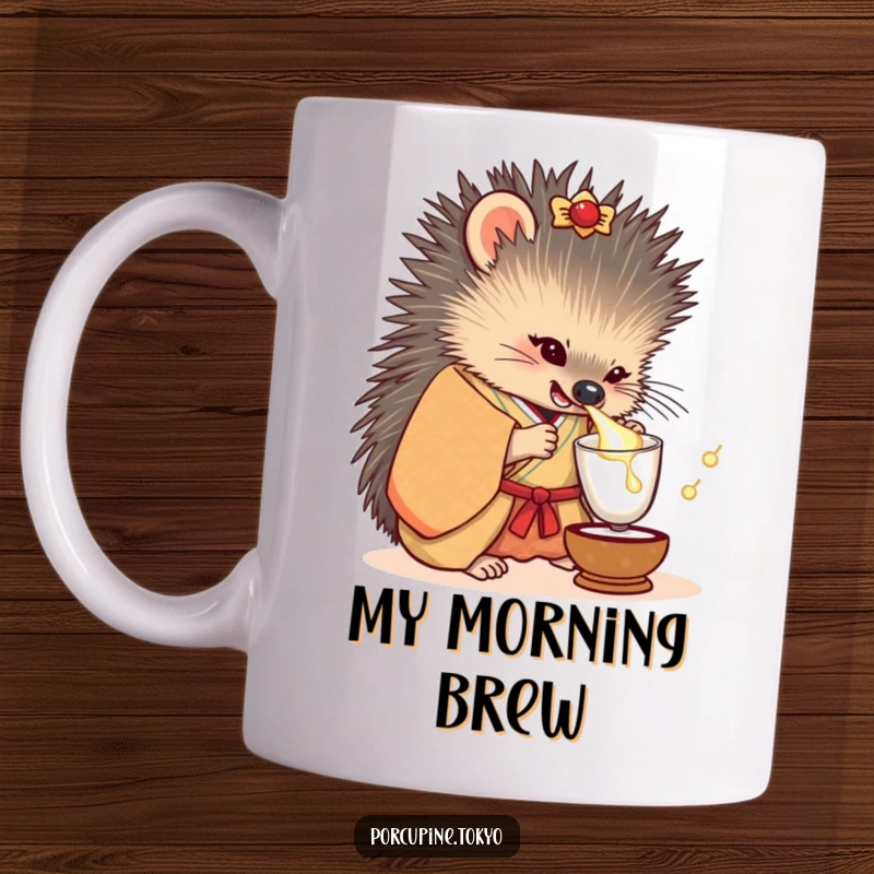 Funny mug with a porcupine in a fancy kimono, playfully sipping a tiny sake cup with a mischievous grin.