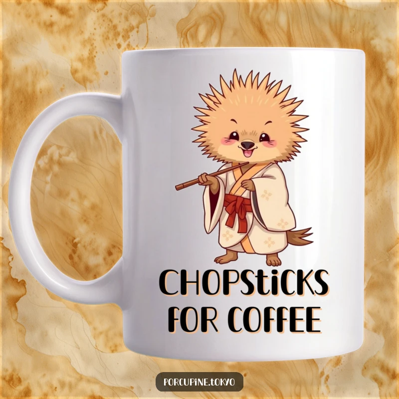 Funny Mug: A porcupine in a flowing kimono striking a playful pose with chopsticks, ready for a funny snack attack.