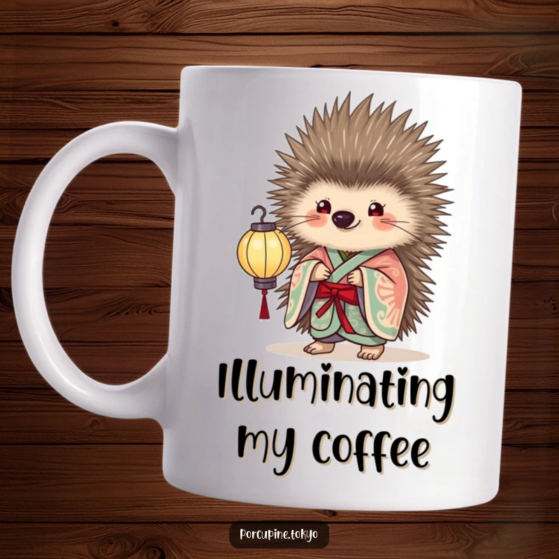 Funny Mug with a porcupine in an elegant kimono holding a delicate paper lantern, offering a charming and humorous glow.