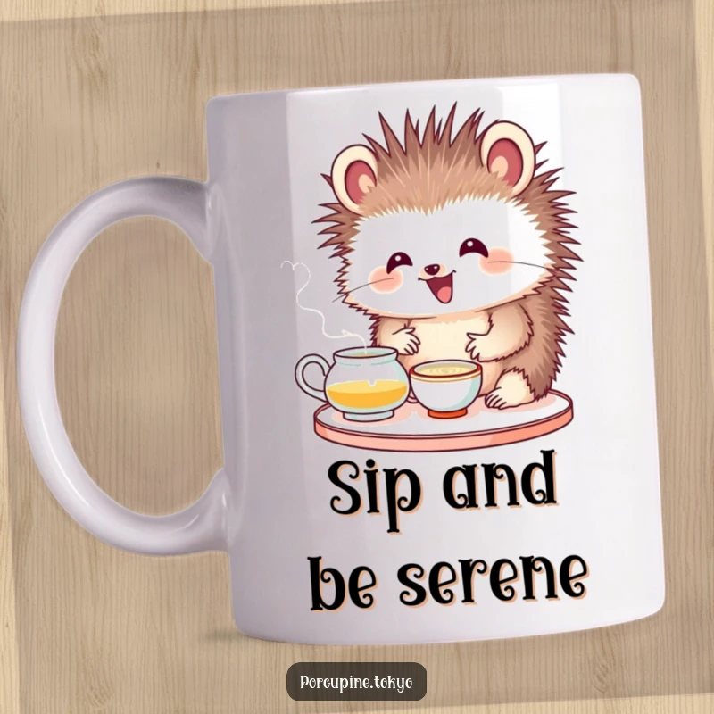 Funny mug showing a porcupine with a delighted expression, earnestly attempting a tea ceremony, a humorous and peaceful scene.