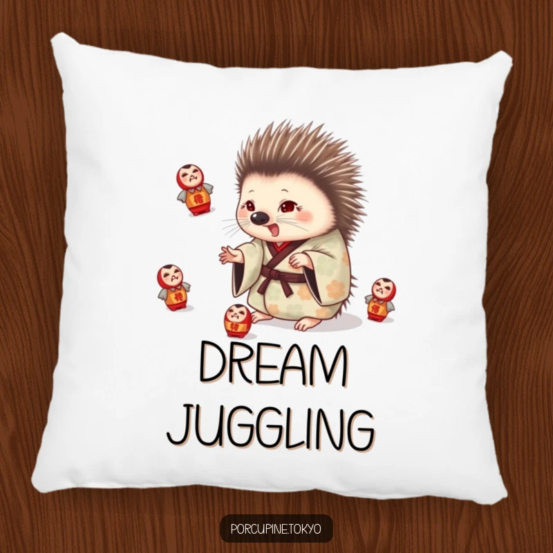 Funny pillow with a porcupine in a patterned kimono playfully juggling daruma dolls, adding soft comfort and humorous charm.