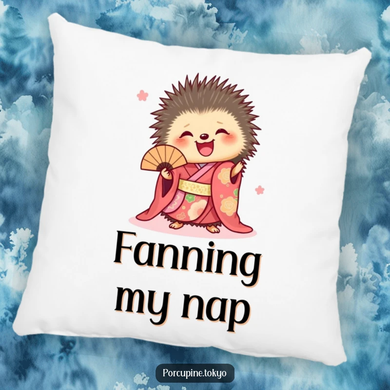Funny pillow with a porcupine in a vibrant kimono joyfully holding a fan, perfect for adding comfort and humor.