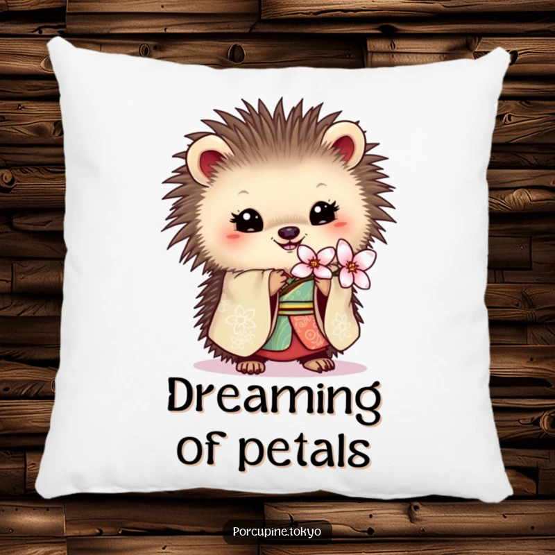 Funny pillow with a porcupine in an ornate kimono holding a delicate blossom, adding soft comfort and humorous elegance.