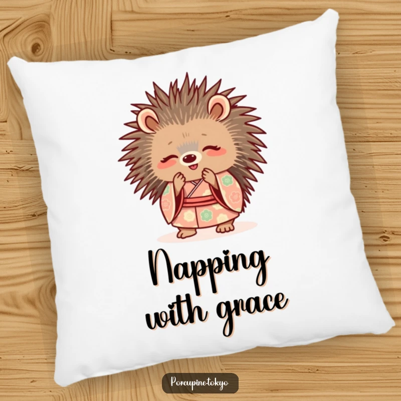 Funny Pillow: A porcupine in a patterned kimono, bowing politely with a smile, adding funny comfort and charm.