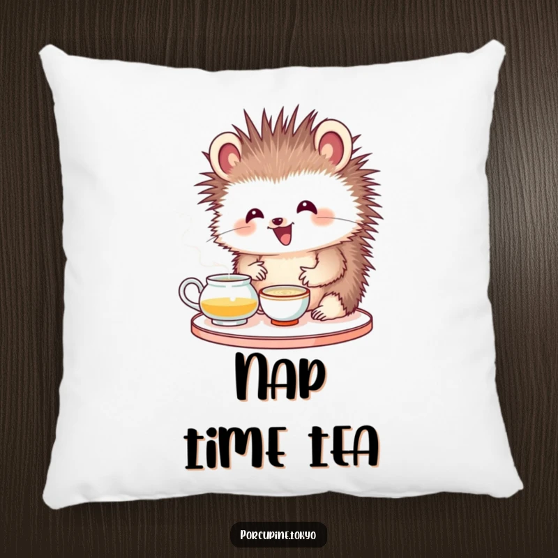 Funny pillow with a porcupine showing delight during a tea ceremony, adding soft comfort and humorous charm.