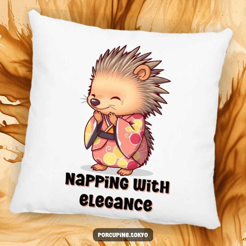 Funny Pillow with a porcupine in a brightly colored kimono, bowing gracefully, offering a plush, humorous, and elegant accent.