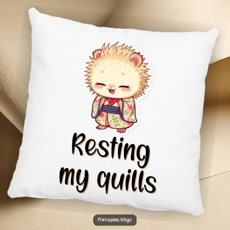 Funny pillow with a porcupine in a floral kimono bowing gracefully, adding soft, humorous comfort to any seating area.