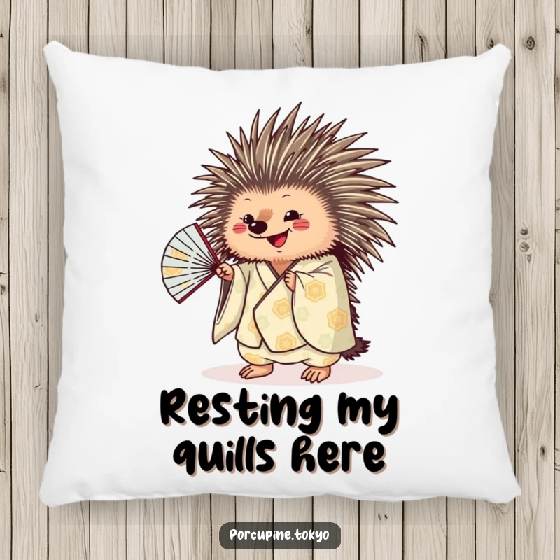 Funny porcupine in a patterned kimono, gracefully shaking a fan, a soft and humorous decorative pillow.