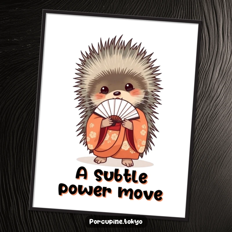 Funny Digital Art Print: An elegant porcupine in a kimono holding a closed fan, bringing funny sophistication to walls.