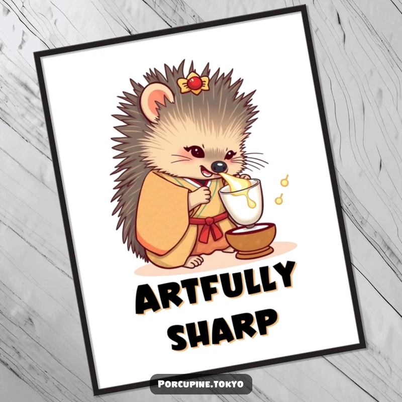 Funny digital art print of a porcupine in a detailed kimono, playfully tipping a small sake cup with a joyful expression.