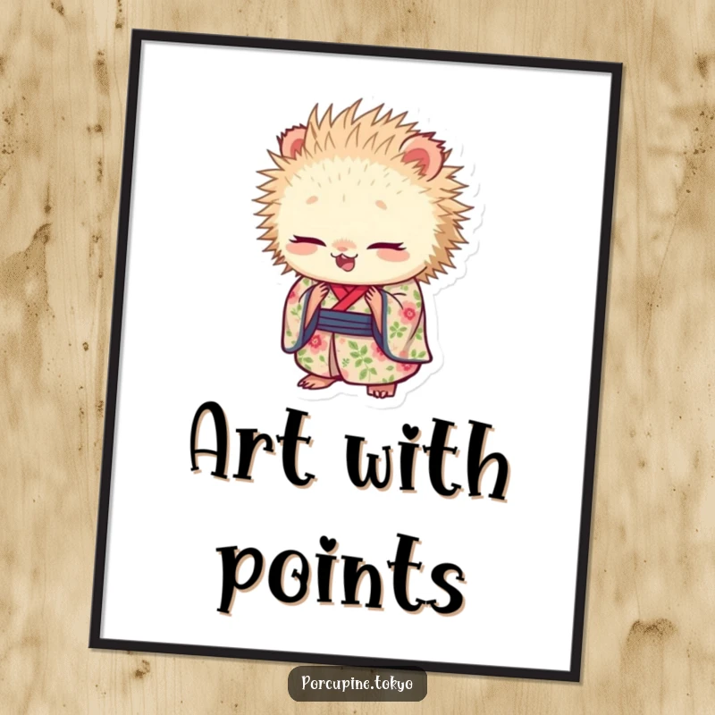 Funny digital art print of a porcupine in a floral kimono bowing gracefully, adding humorous elegance to any digital space.