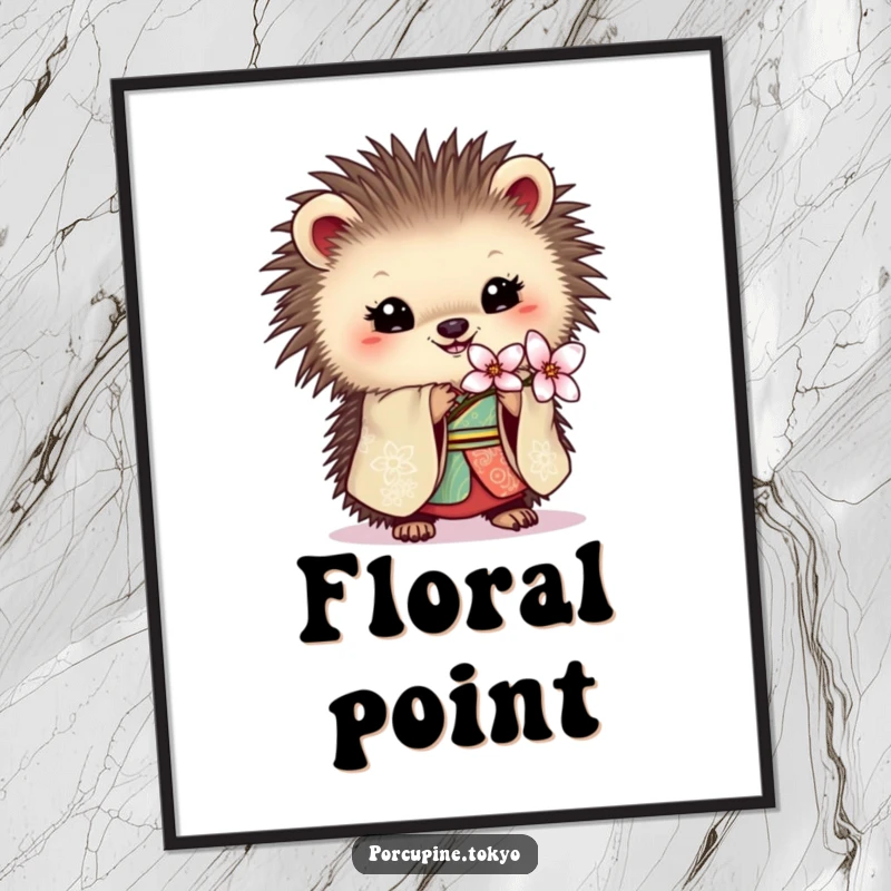 Funny digital art print of a porcupine in an ornate kimono holding a delicate blossom, perfect for elegant decor.