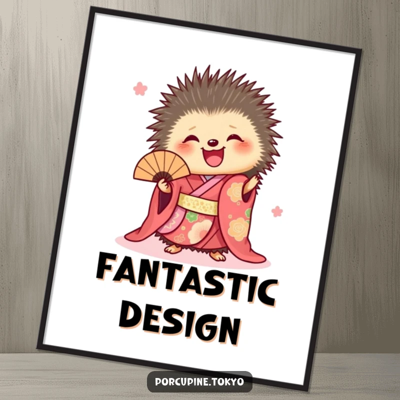Funny digital art print of a porcupine in a vibrant kimono joyfully holding a fan, bringing cheer and humor instantly.