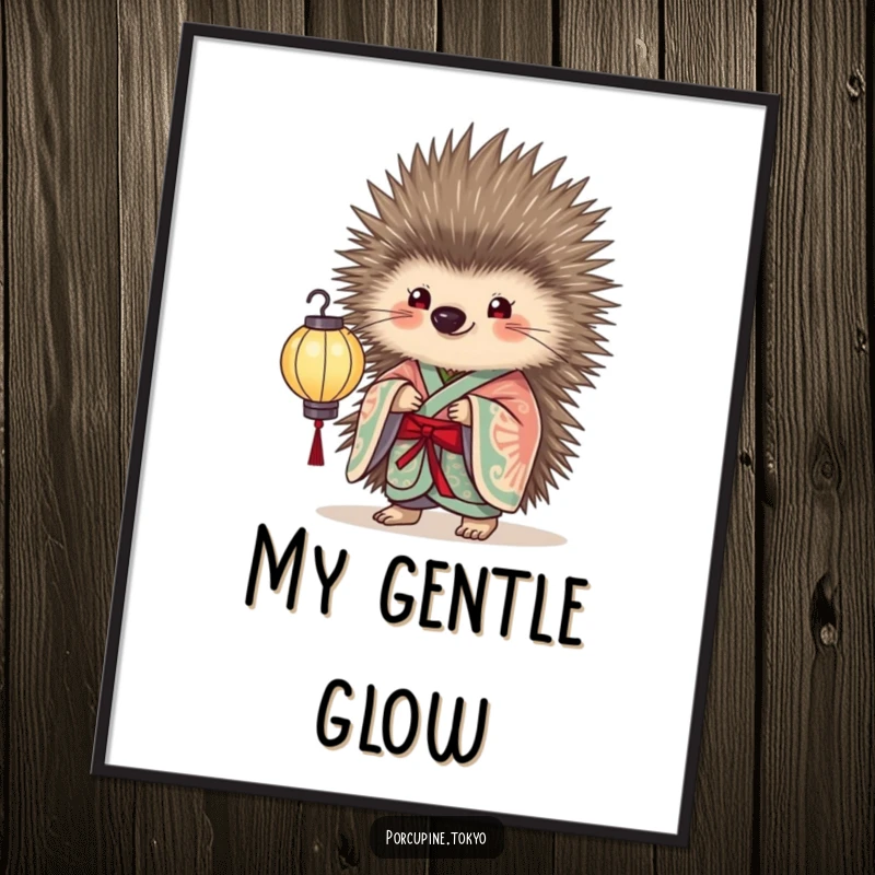Funny Digital Art Print of a porcupine in an elegant kimono holding a delicate paper lantern, ideal for humorous and elegant wall decor.