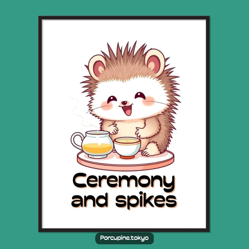 Funny Porcupine Tea Ceremony Digital Print: Serene Humor for Your Walls