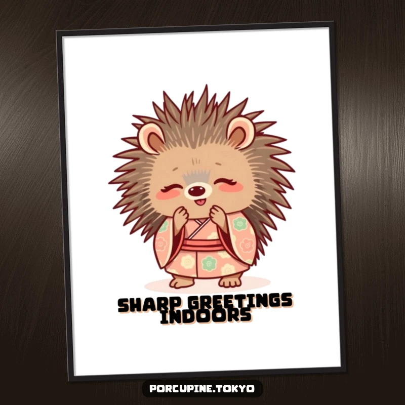 Funny Digital Art Print: A cute porcupine in a patterned kimono, bowing politely with a smile, bringing funny charm to walls.