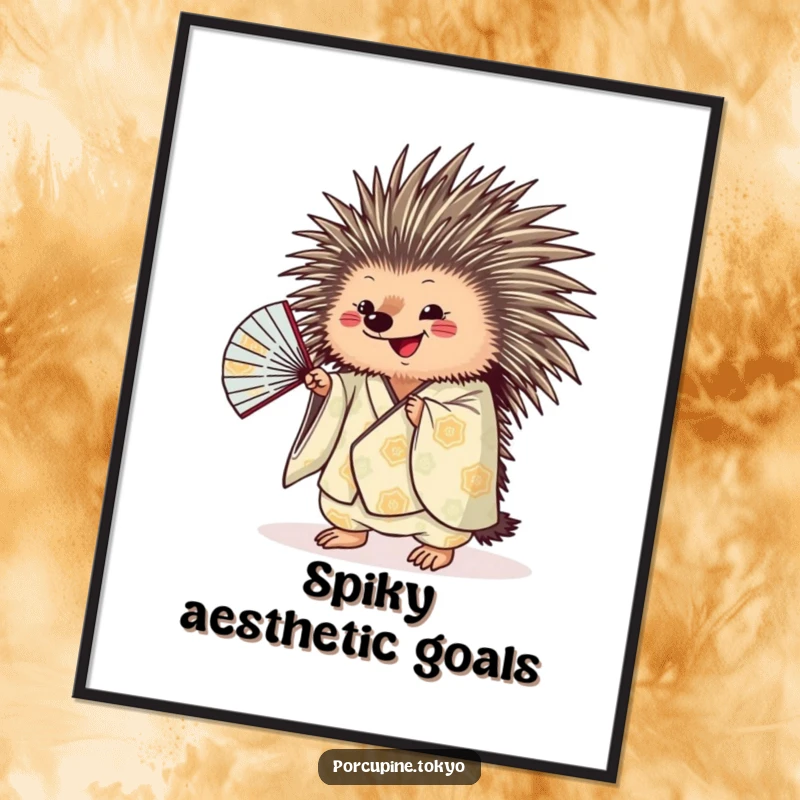 Funny porcupine illustration in a kimono, playing with a fan, a high-resolution humorous digital art print.