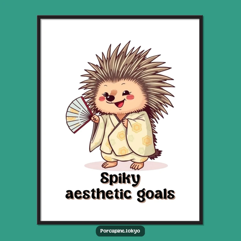 Funny Porcupine Digital Art: Kimono Fan Print, Hilarious Instant Gift Download