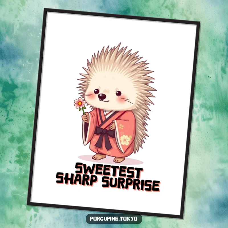 Funny porcupine illustration in a kimono, offering a small flower, a heartwarming and humorous digital art print.