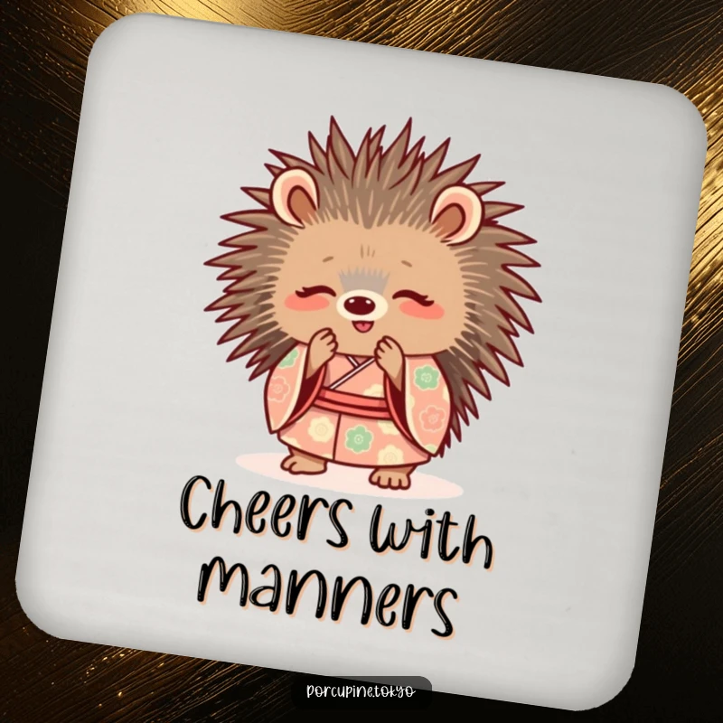 Funny Coasters: A cute porcupine in a patterned kimono, bowing politely with a smile, perfect for funny table protection.
