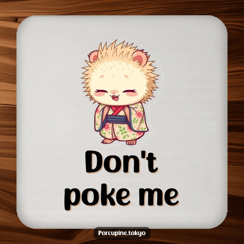 Funny drink coaster with a porcupine in a floral kimono bowing, protecting surfaces with a touch of humorous elegance.