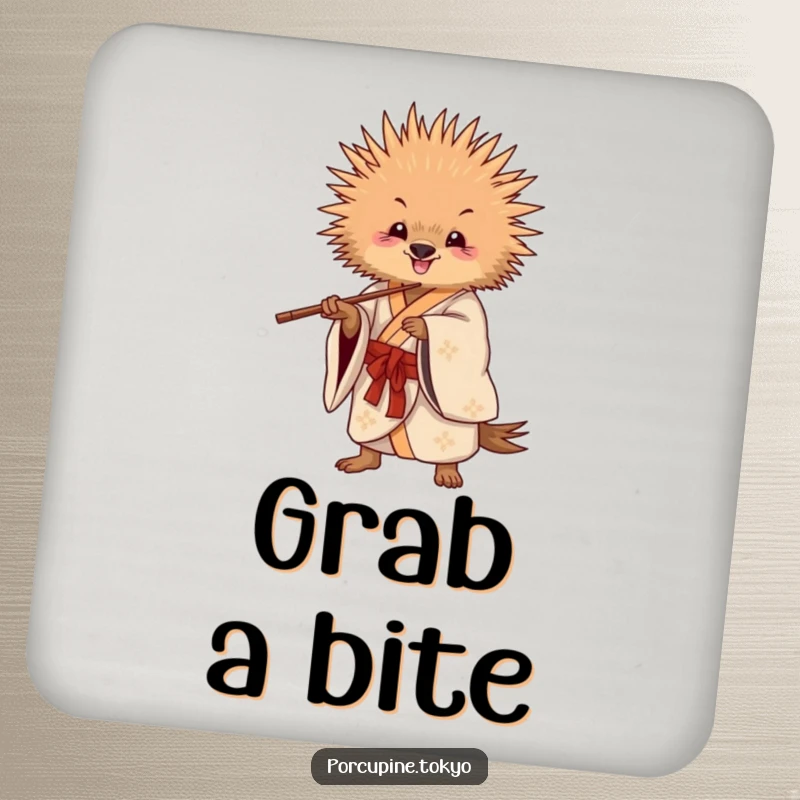 Funny Coasters: A porcupine in a flowing kimono striking a playful pose with chopsticks, perfect for funny table protection.