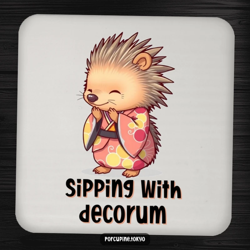 Funny Coasters featuring a porcupine in a brightly colored kimono, bowing gracefully, perfect for humorous and elegant surface protection.