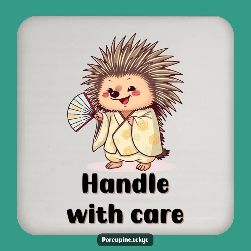 Funny Porcupine Drink Coaster: Kimono Fan Table Protector, Humorous Gift Set