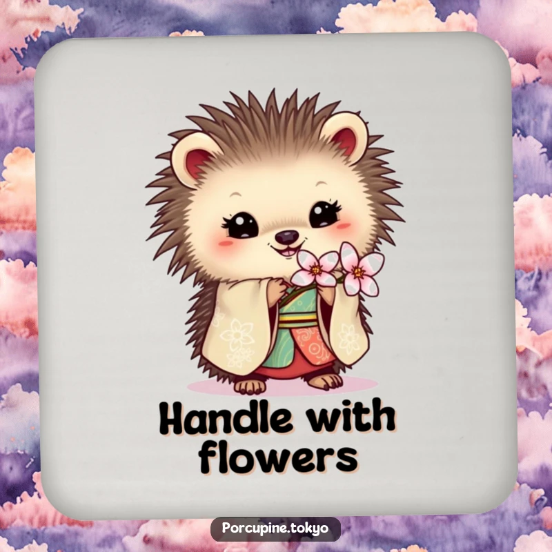 Funny drink coaster with a porcupine in an ornate kimono holding a delicate blossom, adding humorous elegance to any surface.