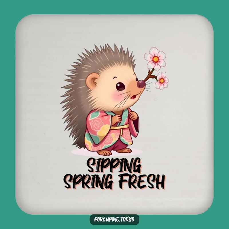 Funny Curious Porcupine Kimono Coasters - Cherry Blossom Drink Gift