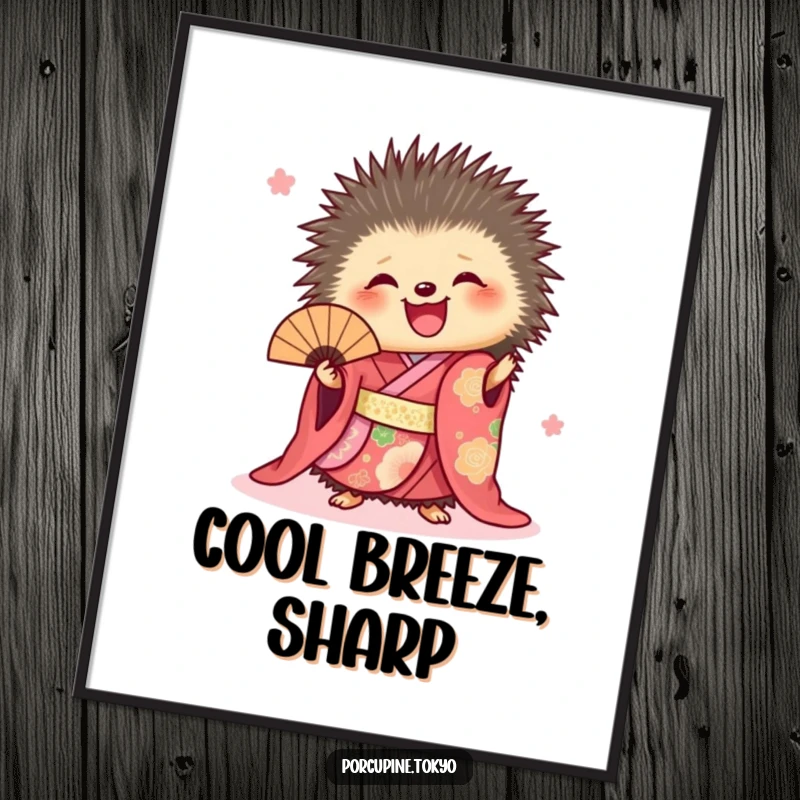 Funny poster of a porcupine in a vibrant kimono, joyfully holding a fan, a burst of color and humor.