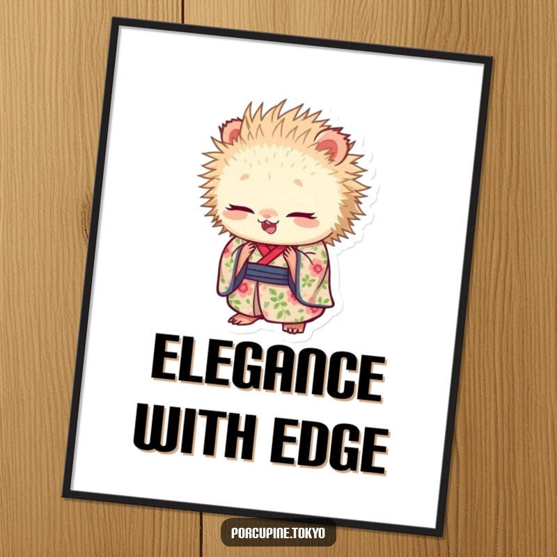 Funny poster featuring a porcupine in a floral kimono bowing forward, a humorous piece of art for wall decor.